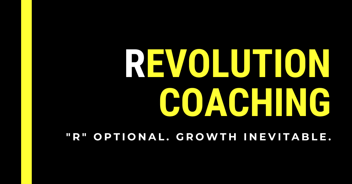 RC social media preview Black image with yellow bar on left, with the text "rEvolution Coaching. 'R' optional. Growth inevitable."
